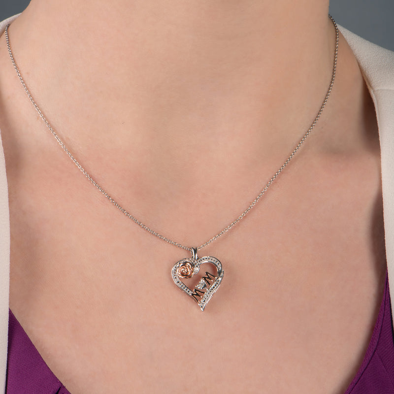 Jewelili Rose Gold Over Sterling Silver With Natural White Diamond Accent MOM Heart Pendant Necklace