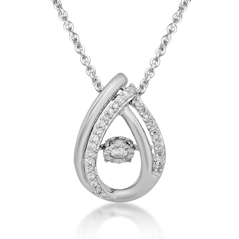 Jewelili Sterling Silver With 1/10 CTTW Natural White Round Dancing Diamonds Teardrop Pendant Necklace