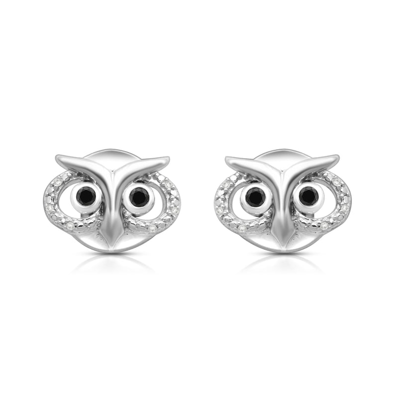 Jewelili Sterling Silver With Treated Black and White Natural Diamonds Accent Owl Stud Earrings
