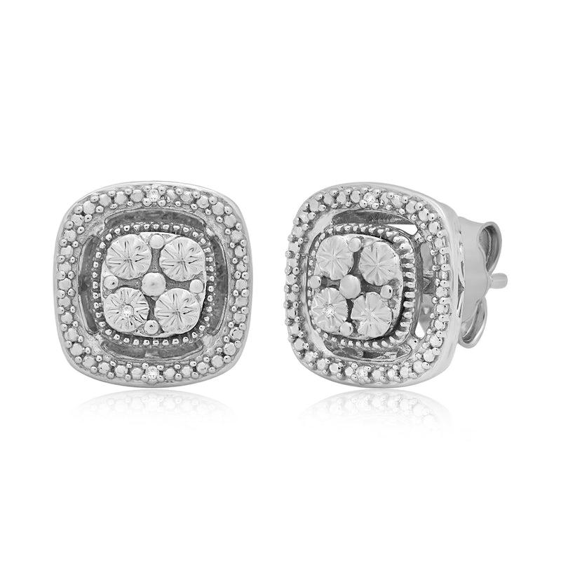 Jewelili Square Shape Stud Earrings with White Diamonds in Sterling Silver View 1