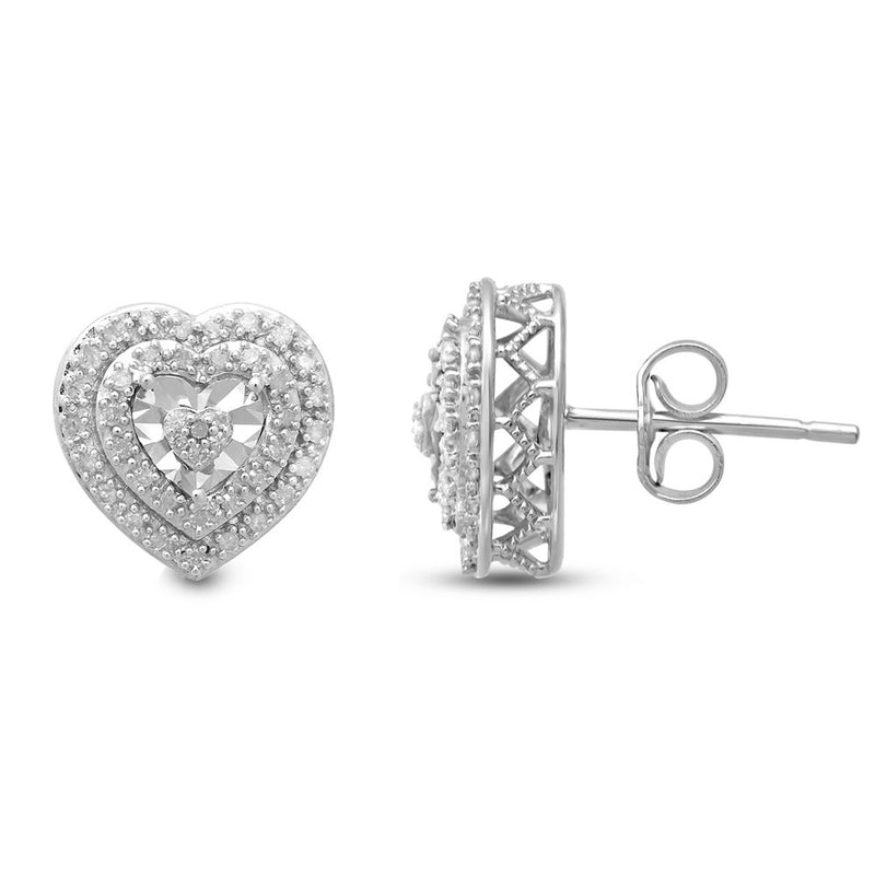 Jewelili Double Halo Stud Earrings with Heart Diamonds in Sterling Silver 1/4 CTTW View 4
