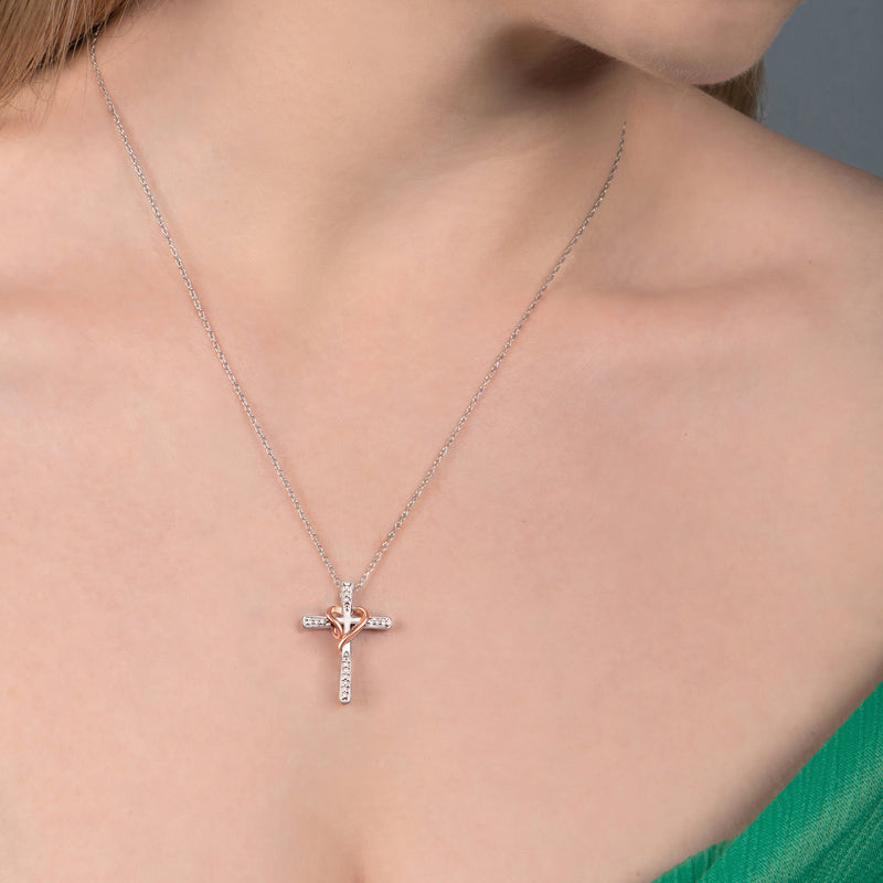 Jewelili 14K Rose Gold Over Sterling Silver With 1/10 CTTW Diamonds Heart Cross Pendant Necklace
