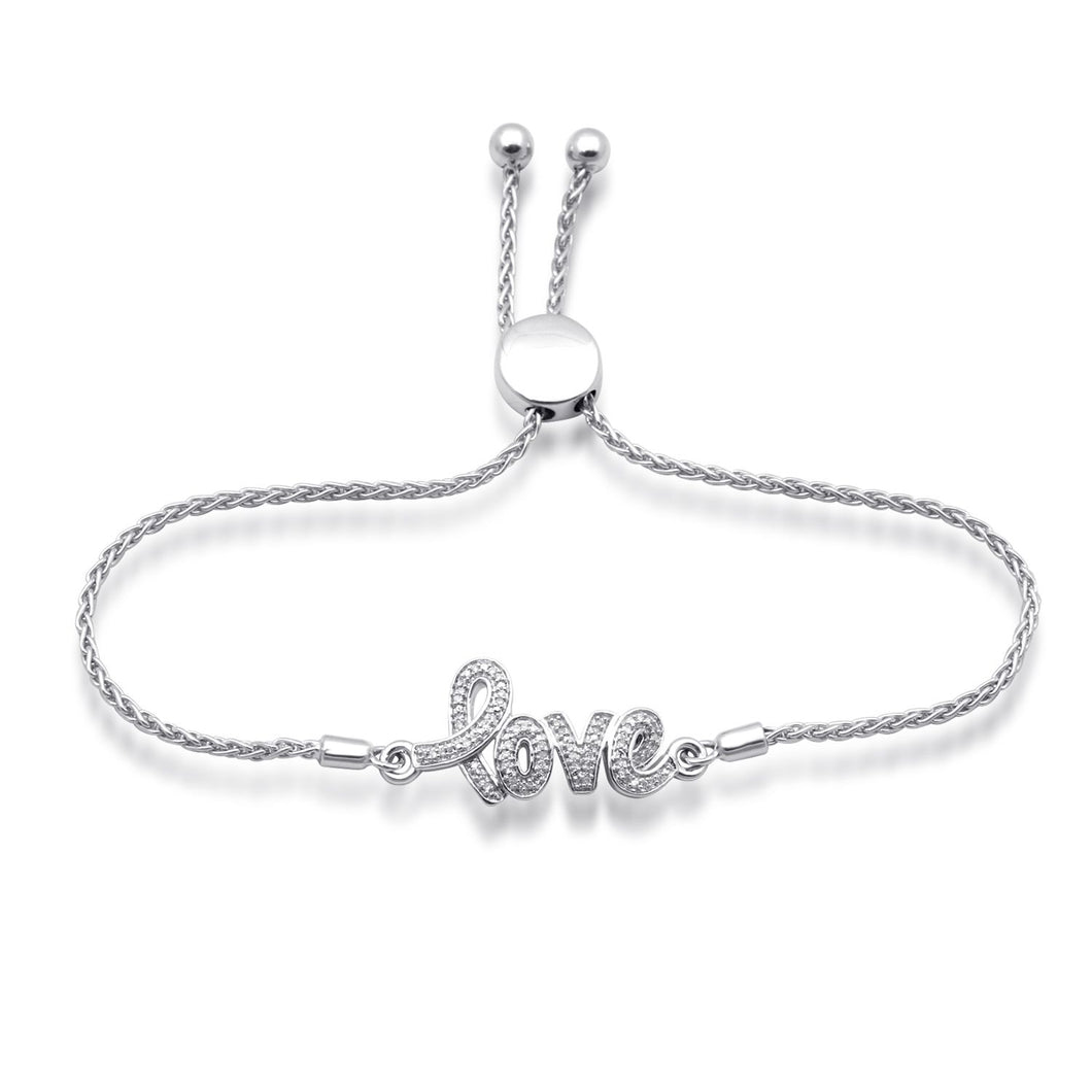 Jewelili Love Bolo Bracelet in Sterling Silver with Round Shape Natural White Diamonds 1/10 CTTW View 1