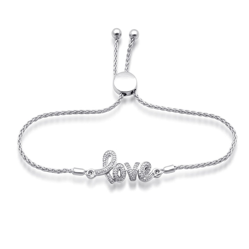 Jewelili Love Bolo Bracelet in Sterling Silver with Round Shape Natural White Diamonds 1/10 CTTW View 1