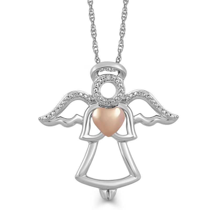 Jewelili Sterling Silver and 10K Rose Gold With Natural White Diamond Angel Heart Pendant Necklace