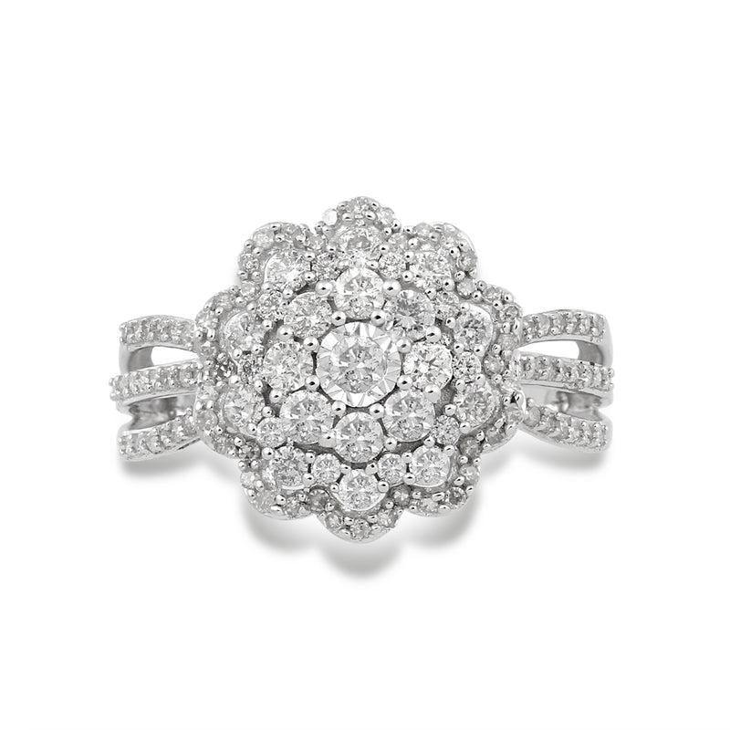 Jewelili 10K White Gold with 3/4 Cttw Natural White Round Diamonds Cluster Ring