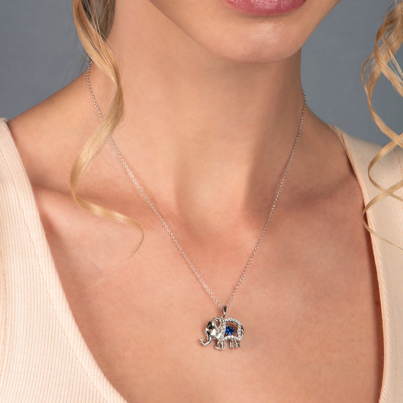 Jewelili Sterling Silver with Heart Shape Blue Spinal and Round Created White Sapphire Elephant Pendant Necklace