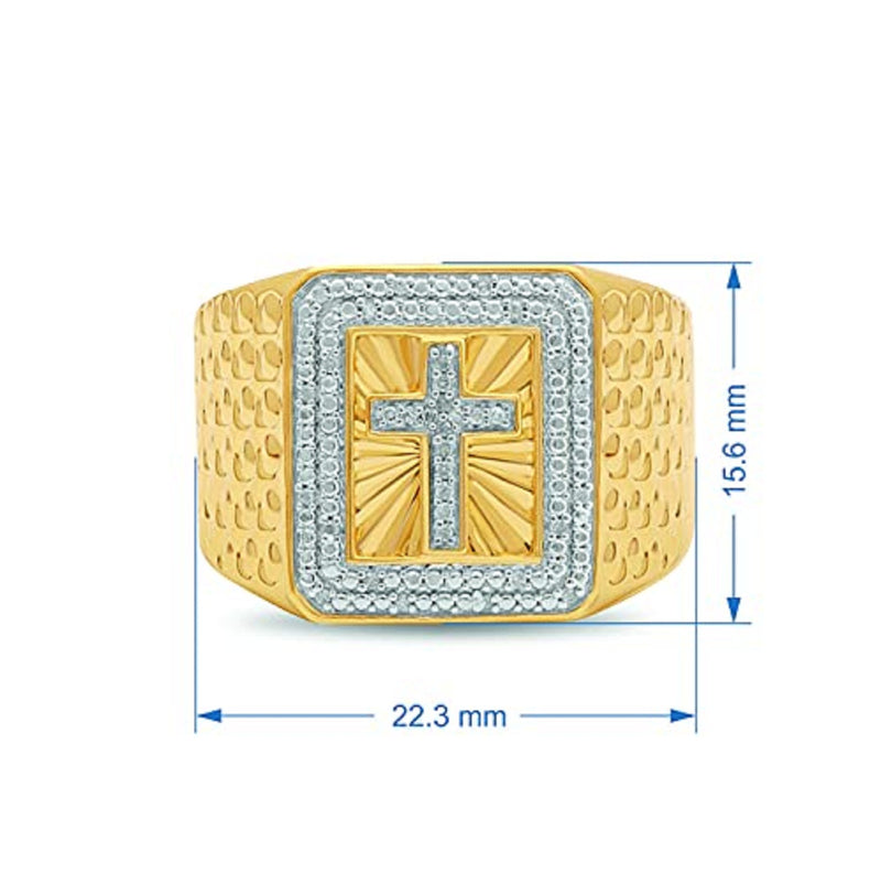 Jewelili Yellow Gold over Sterling Silver With 1/10 CTTW Natural White Round Diamonds Cross Texture Men's Ring