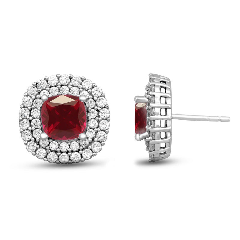 Jewelili Stud Earrings with Cushion Created Ruby and Round Created White Sapphire View 1
