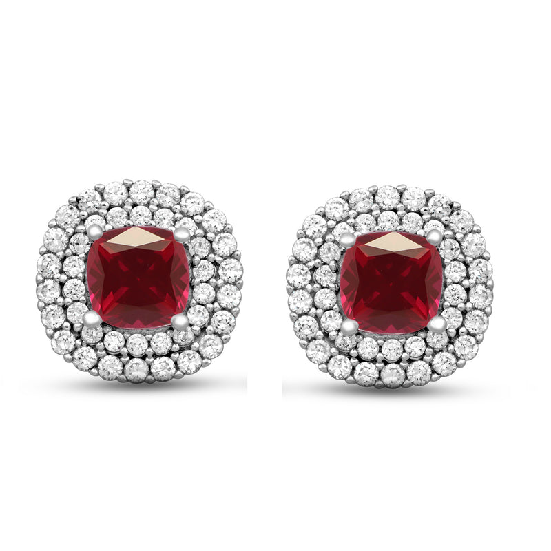 Jewelili Stud Earrings with Cushion Created Ruby and Round Created White Sapphire View 3