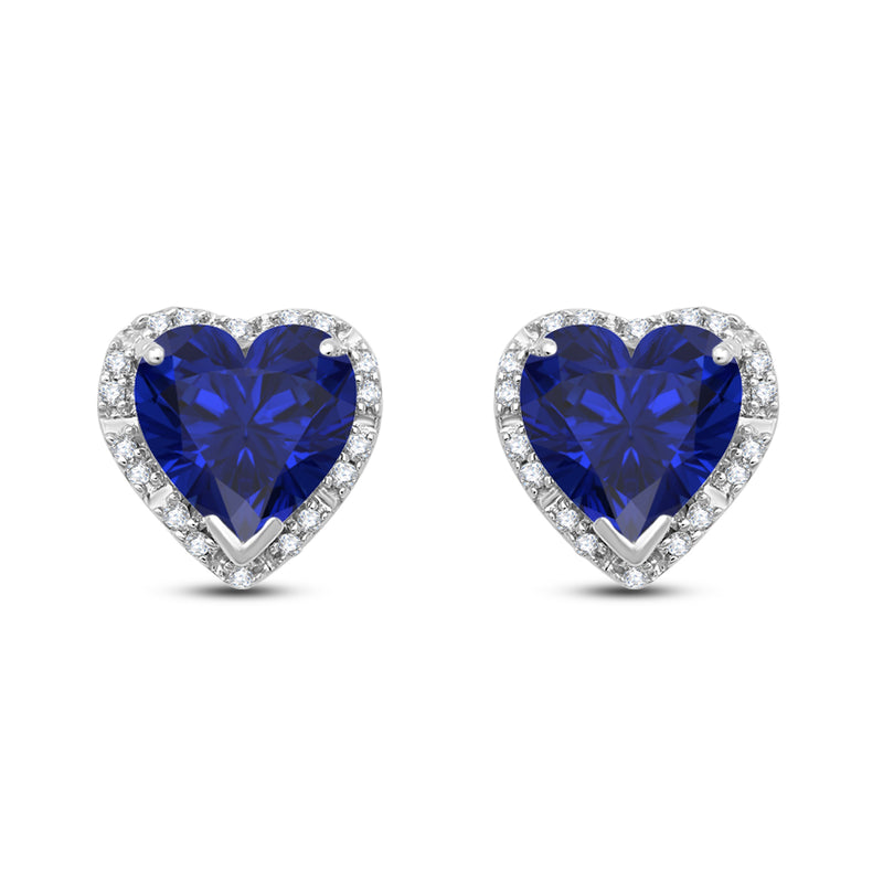 Jewelili 10K White Gold with Heart Shape Created Blue Sapphire and 1/10 CTTW Natural White Round Diamonds Stud Earrings