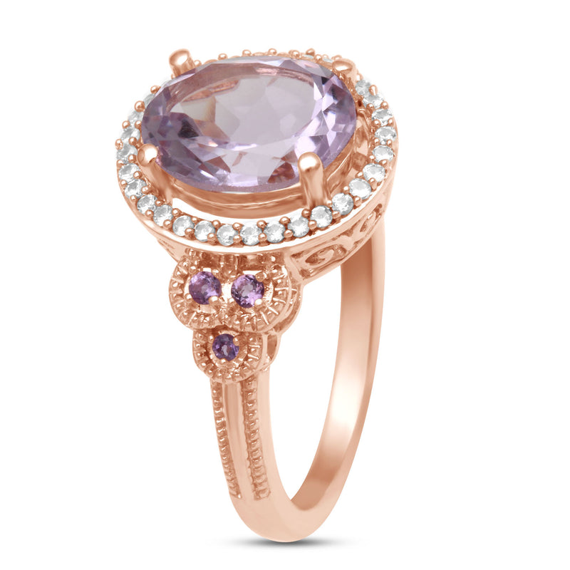Jewelili Halo Ring with Oval Rose De France with Created White Sapphire in 10K Rose Gold View 4