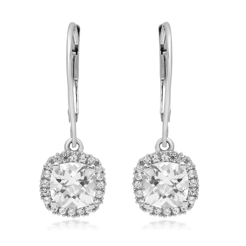 Jewelili Sterling Silver with Cushion and Round Created White Sapphire Halo Dangle Earrings