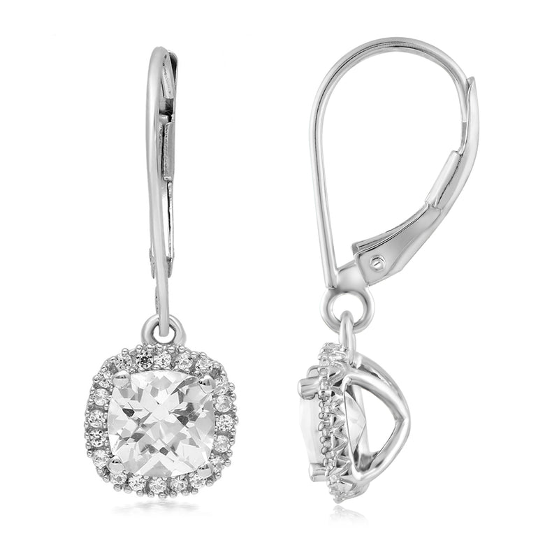 Jewelili Sterling Silver with Cushion and Round Created White Sapphire Halo Dangle Earrings