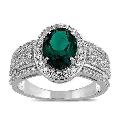 Jewelili Halo Ring with Created Emerald and Created White Sapphire in Sterling Silver View 2