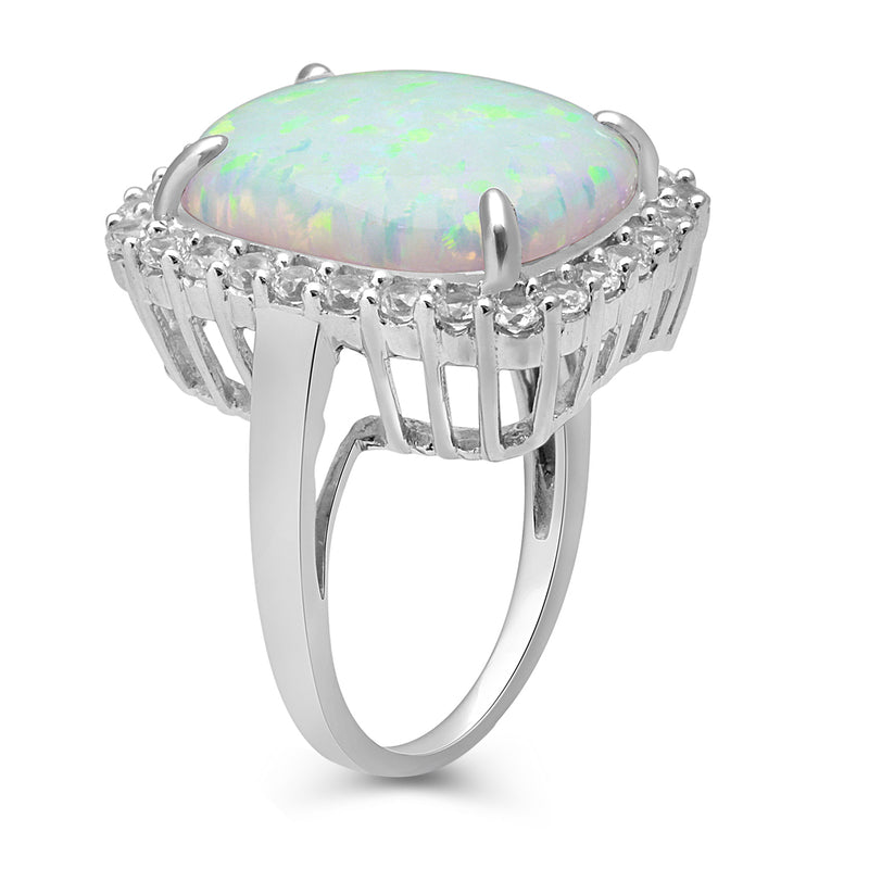 Jewelili Halo Ring with Cushion Shape Created Opal and Created White Sapphire in Sterling Silver View 2