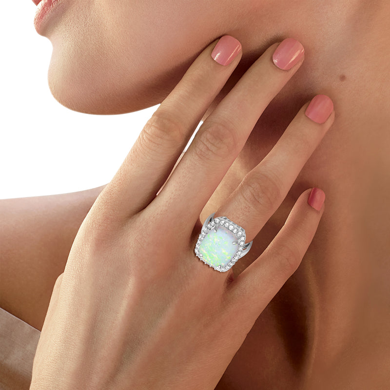 Jewelili Halo Ring with Cushion Shape Created Opal and Created White Sapphire in Sterling Silver View 3