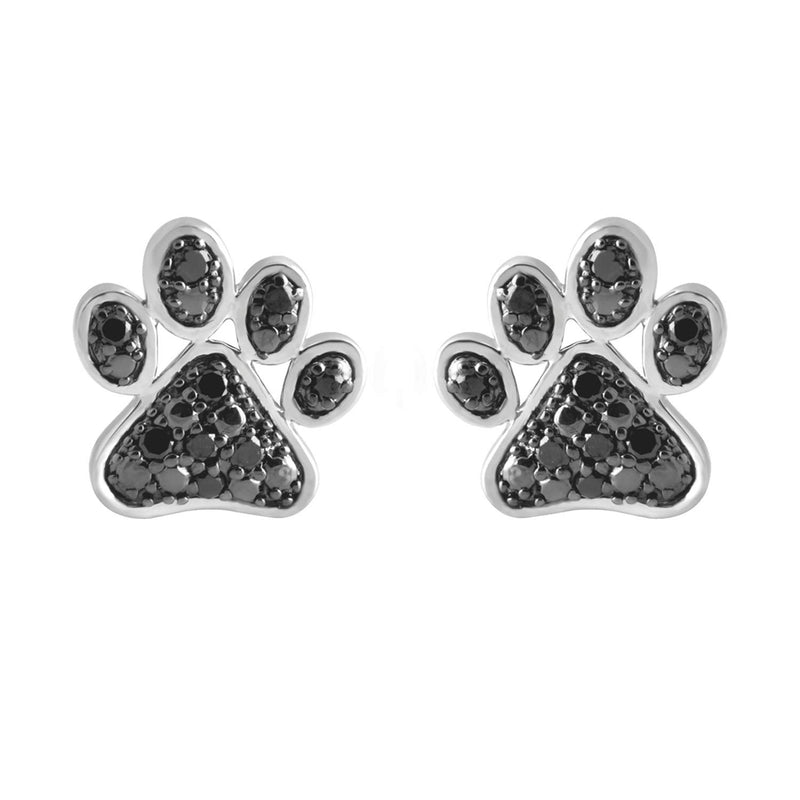 Jewelili Sterling Silver With 1/6 CTTW Treated Black Diamonds Dog Paw Stud Earrings