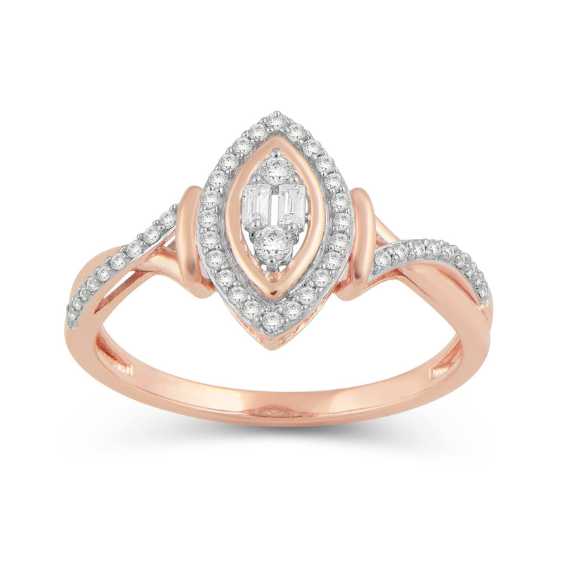 Jewelili 10K Rose Gold with 1/4 CTTW Baguette and Round Natural White Diamonds Ring