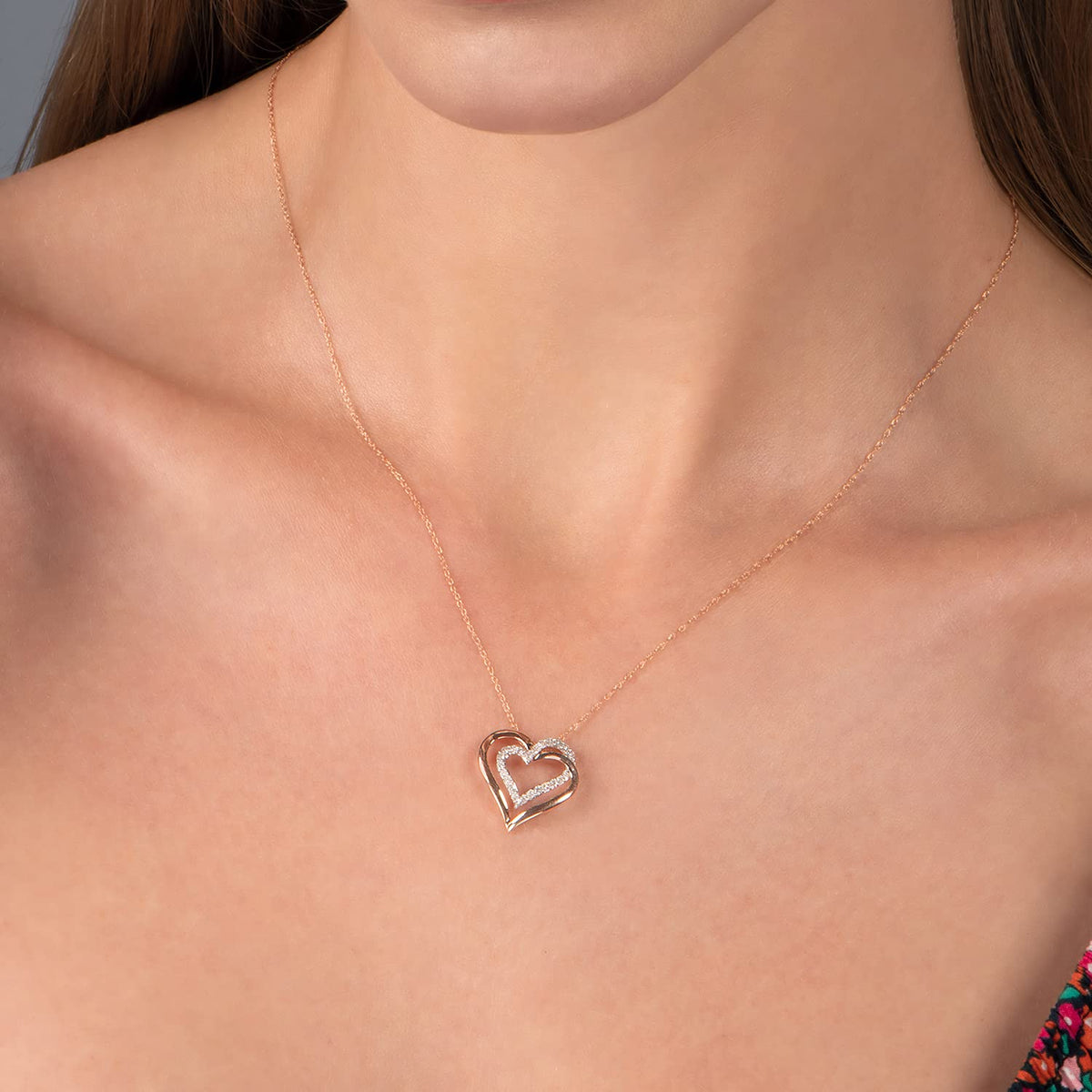 hi♡ Jewelili Double Heart Pendant Necklace with Diamonds in 10K