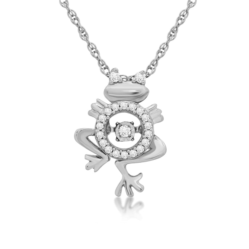 Jewelili Dancing Frog Pendant Necklace with Natural White Round Diamonds in Sterling Silver 1/10 CTTW View 1