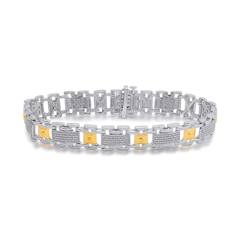 Jewelili Mens Link Bracelet with Natural White Round Diamonds in 14K Yellow Gold over Sterling Silver 1/2 CTTW 8.5"