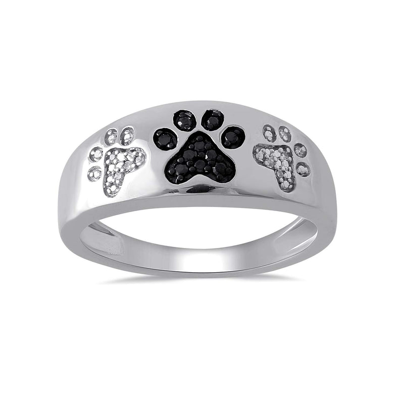 Jewelili Sterling Silver With Treated Black Diamond and White Diamonds Paw Ring