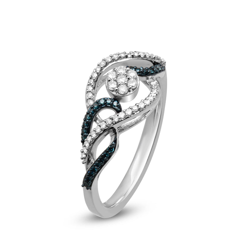 Jewelili Ring with Treated Blue Diamonds and Natural White Diamonds in Sterling Silver 1/4 CTTW View 4
