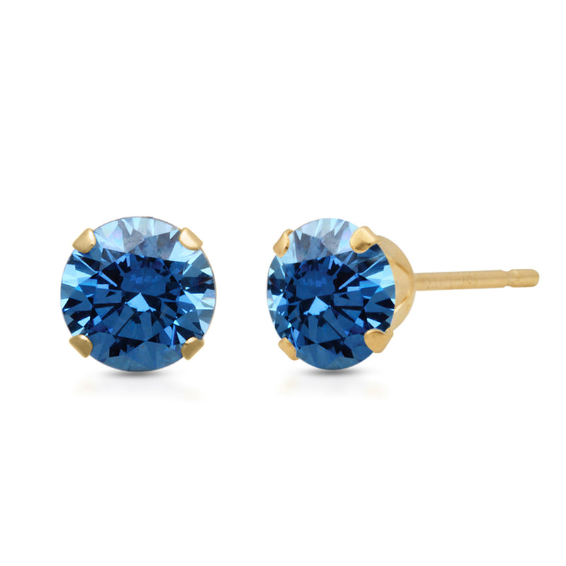 Jewelili 10K Yellow Gold with Round Blue Cubic Zirconia Pendant and Stud Earrings Box Set