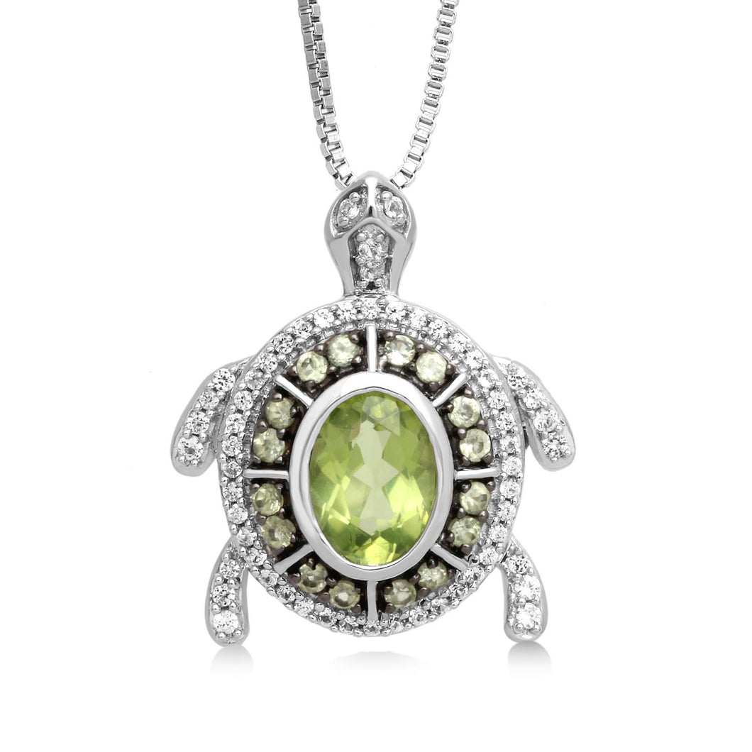 Jewelili Sterling Silver With Oval Shape Peridot and Round Created White Sapphire Turtle Pendant Necklace
