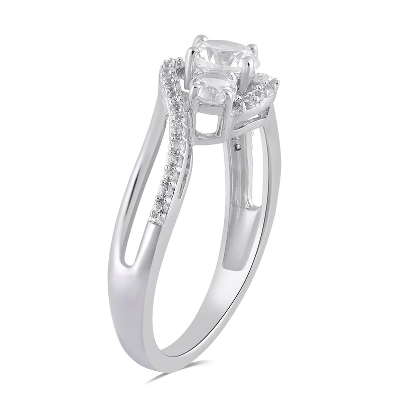 Jewelili Three Stone Ring with Created White Sapphire in Sterling Silver View 2