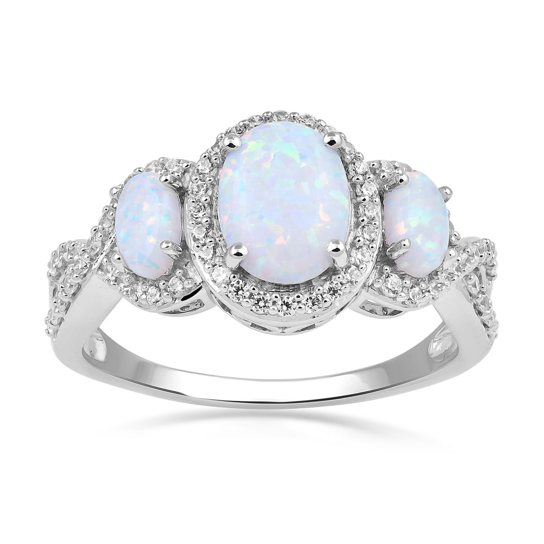 Jewelili Sterling Silver With Created Opal and Created White Sapphire Three Stone Engagement Ring