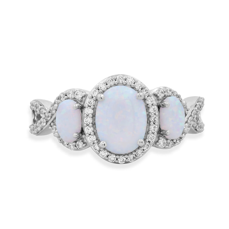 Jewelili Sterling Silver With Created Opal and Created White Sapphire Three Stone Engagement Ring