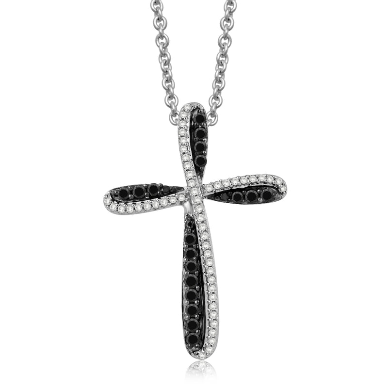 Jewelili Sterling Silver With 1/3 CTTW Treated Black Diamonds and Natural White Diamonds Cross Pendant Necklace