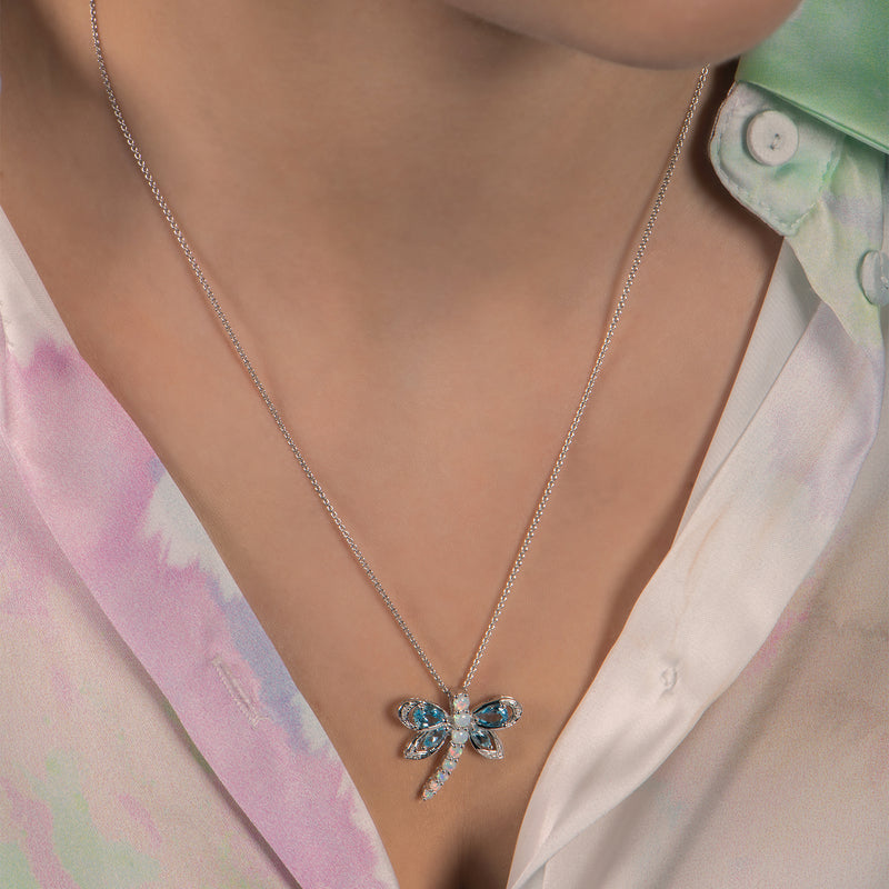 Jewelili Sterling Silver with Swiss Blue Topaz and Created Opal with Diamonds Dragonfly Pendant Necklace
