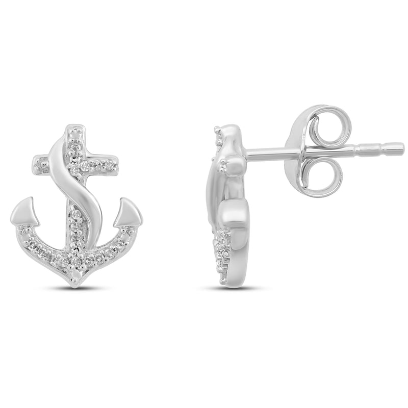 Jewelili Sterling Silver With Natural White Diamond Accent Anchor Stud Earrings