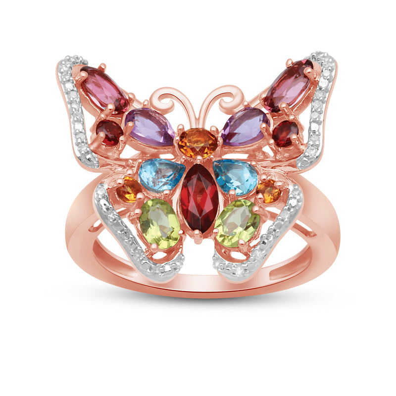 Jewelili 14K Rose Gold over Sterling Silver 1/20 CTTW Diamond and Multi Gemstones Butterfly Ring