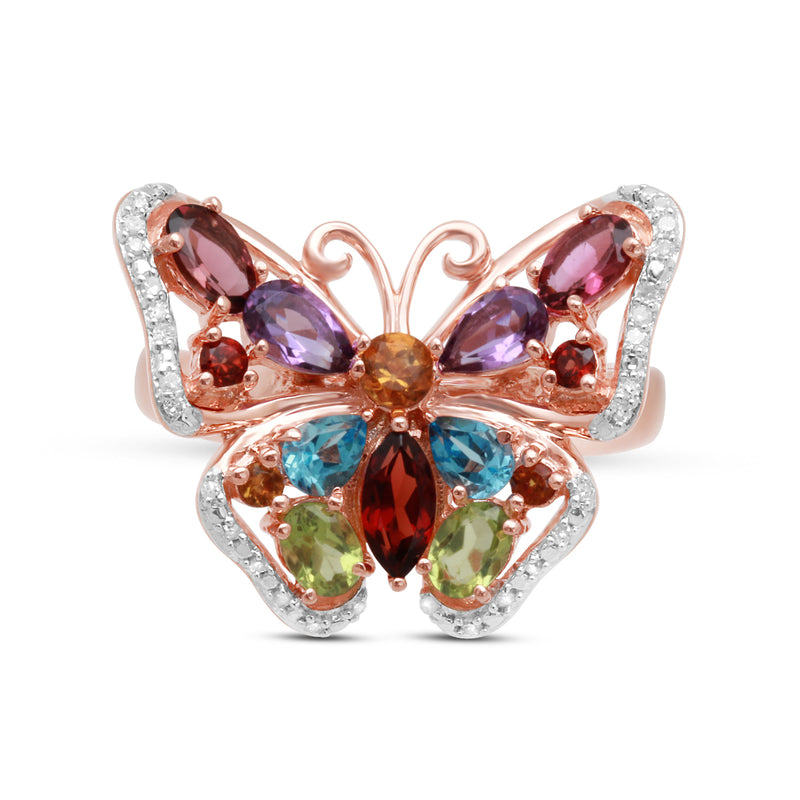 Jewelili 14K Rose Gold over Sterling Silver 1/20 CTTW Diamond and Multi Gemstones Butterfly Ring
