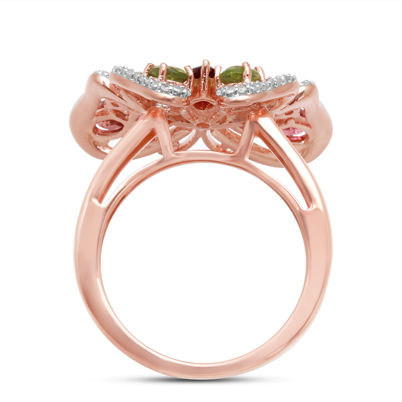 Jewelili 14K Rose Gold over Sterling Silver 1/20 CTTW Diamond and Multi Gemstones Butterfly Ring