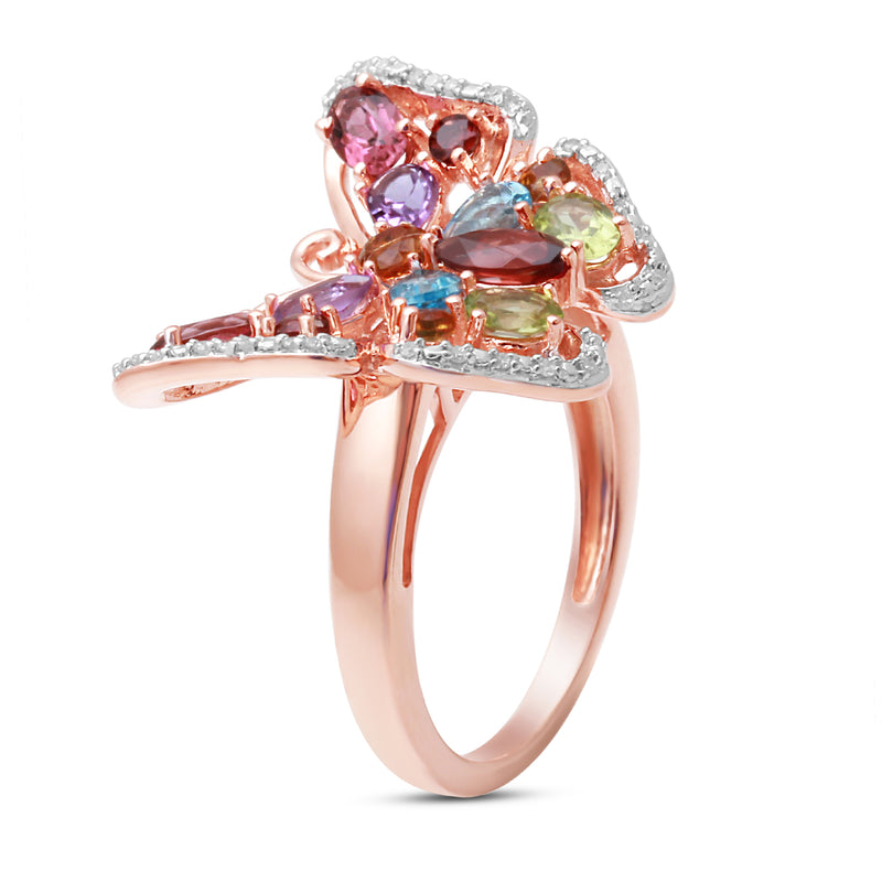 Jewelili 14K Rose Gold over Sterling Silver 1/20 CTTW Diamond and Multi Gemstones Butterfly Ring