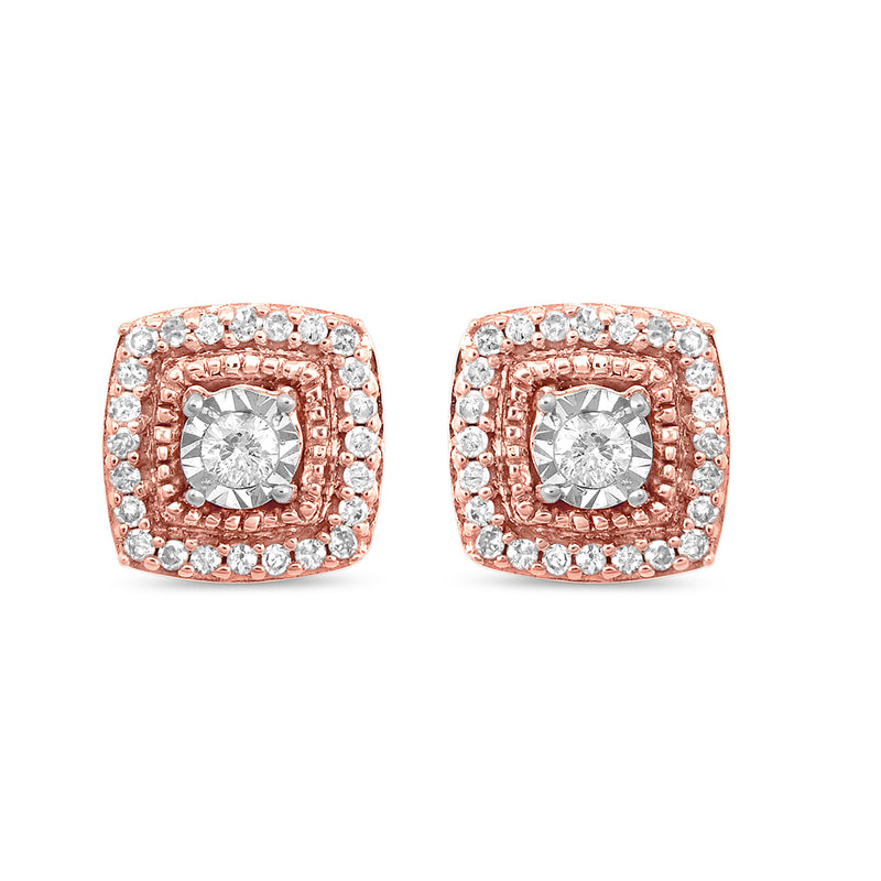 Jewelili 10K Rose Gold 1/6 Cttw Natural White Round Diamonds Square Stud Earrings