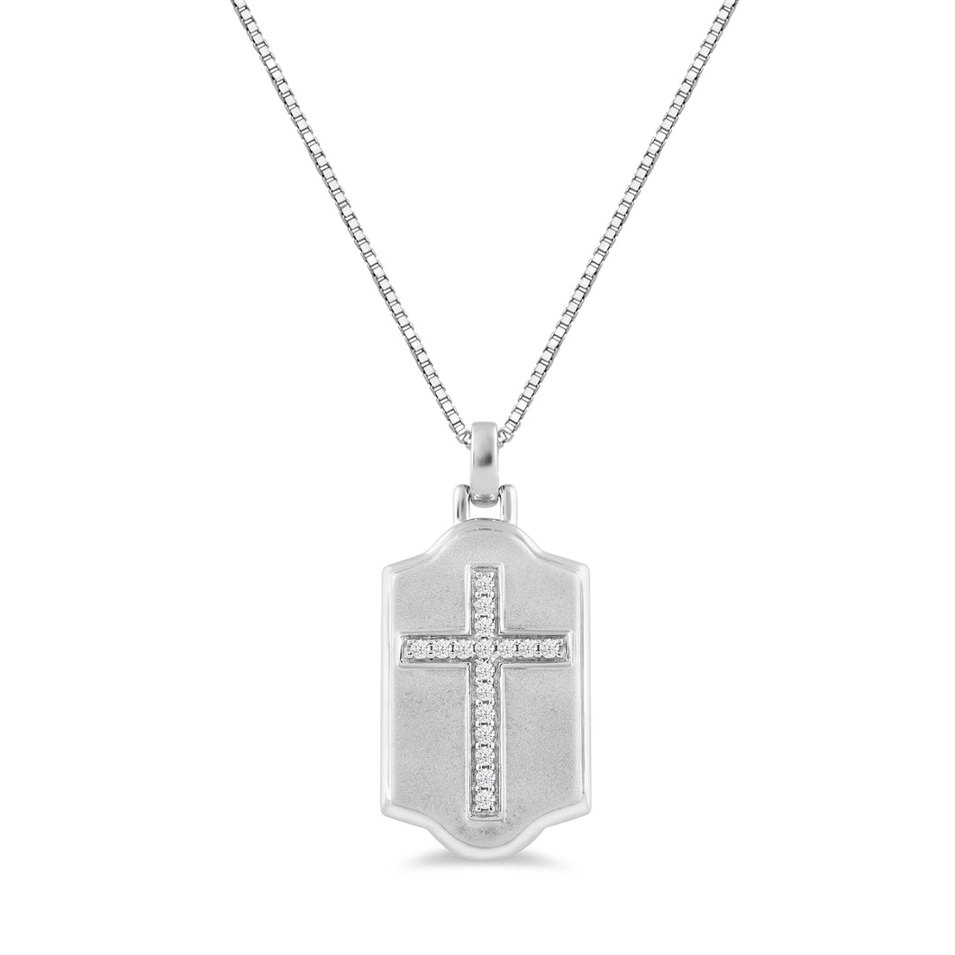 Jewelili Sterling Silver with 1/4 CTTW Natural White Round Diamonds Mens Cross Dog Tag Pendant Necklace