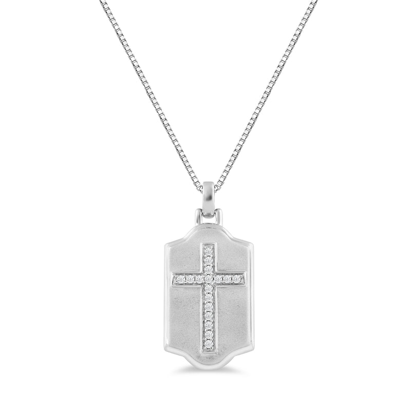 Jewelili Sterling Silver with 1/4 CTTW Natural White Round Diamonds Mens Cross Dog Tag Pendant Necklace