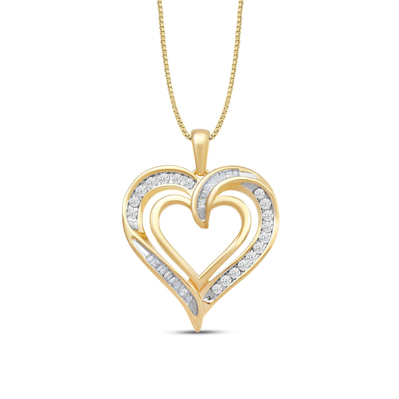 Jewelili Yellow Gold Over Sterling Silver with 1/2 Cttw Diamonds Natural White Round and Baguette Women Heart Necklace