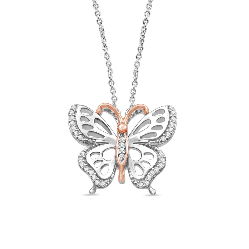 Jewelili Sterling Silver 1/10 Cttw Natural White Round Diamond Butterfly Pendant Necklace