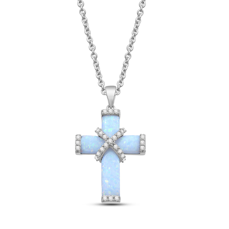 Jewelili Sterling Silver Special Cut Created Opal and Round White Sapphire Cross Pendant Necklace