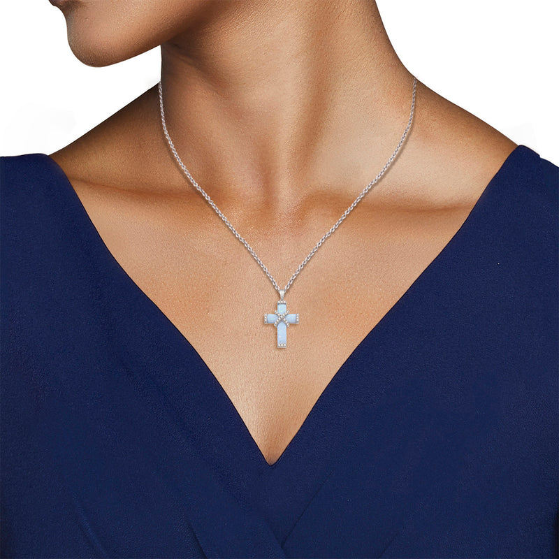 Jewelili Sterling Silver Special Cut Created Opal and Round White Sapphire Cross Pendant Necklace