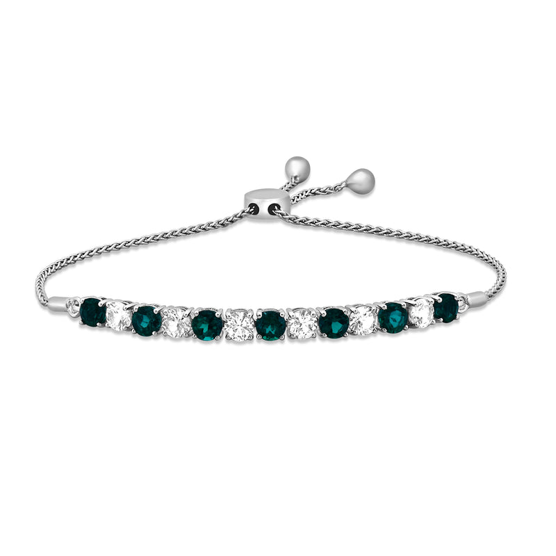 Jewelili Sterling Silver Round Created Emerald and Created White Sapphire Bolo Bracelet