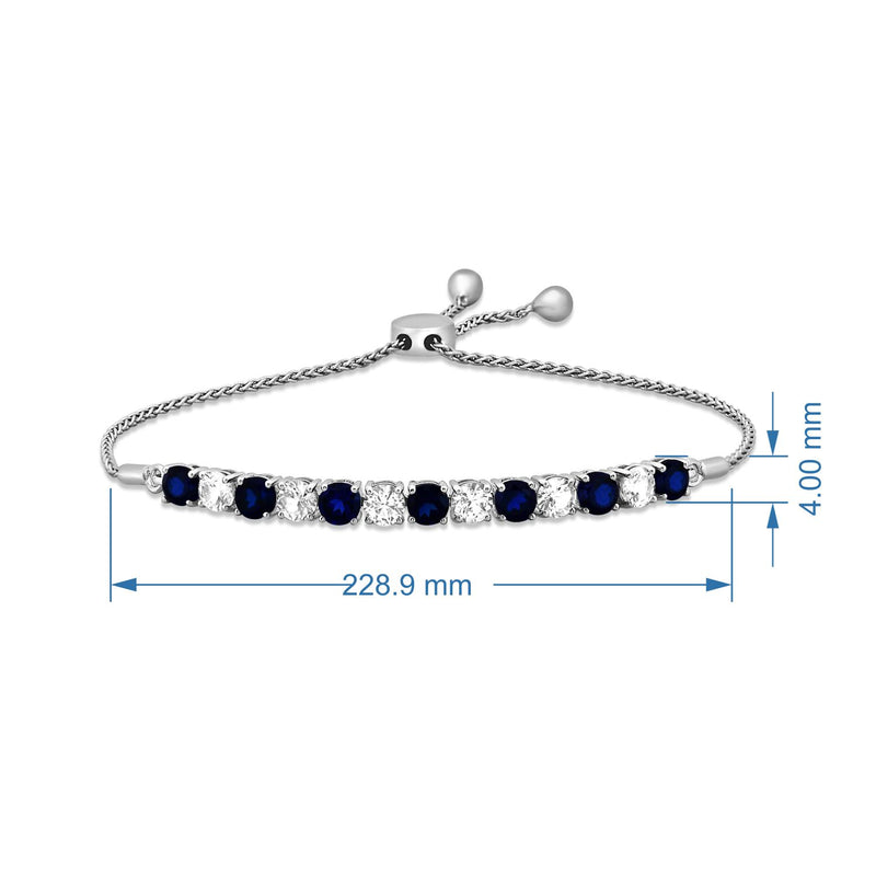 Jewelili Sterling Silver Round Created Blue Sapphire and Created White Sapphire Bolo Bracelet