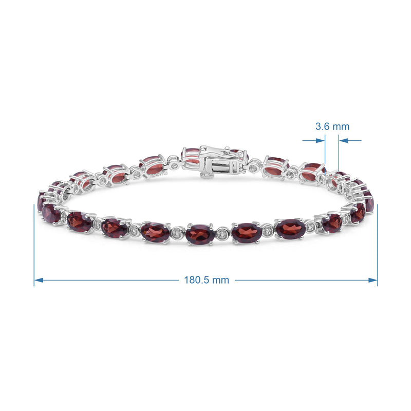 Jewelili Sterling Silver Oval Shape Garnet and Natural White Round Diamond Accent Link Bracelet